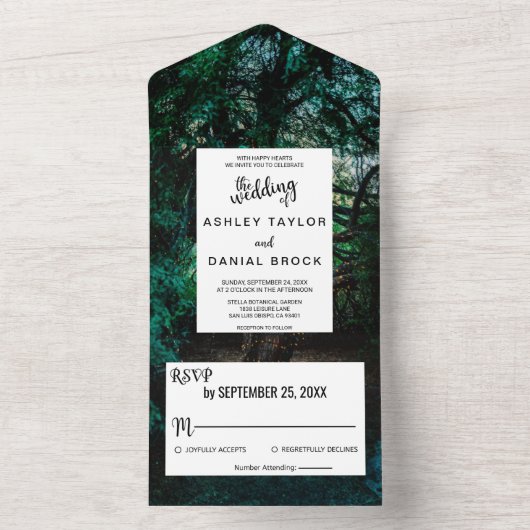 明エレガントるい緑のフローラの林の結婚列 オールインワン招待状 (内側)