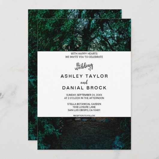 明エレガントるい緑のフローラの林の結婚列 招待状 (正面/裏面)