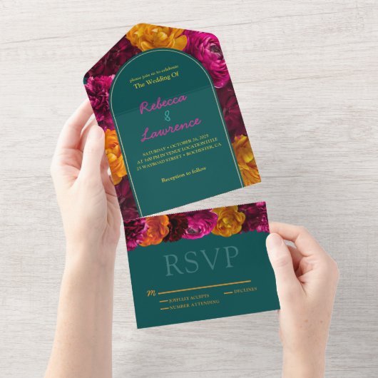 明エレガントるい緑のホットピンク結婚フローラ オールインワン招待状 (貼ってはがせる)