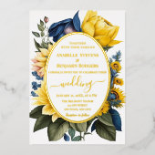 明エレガントるい黄色と青のフローラ結婚の 箔招待状 (正面)