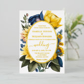 明エレガントるい黄色と青のフローラ結婚の 箔招待状 (立ち正面)