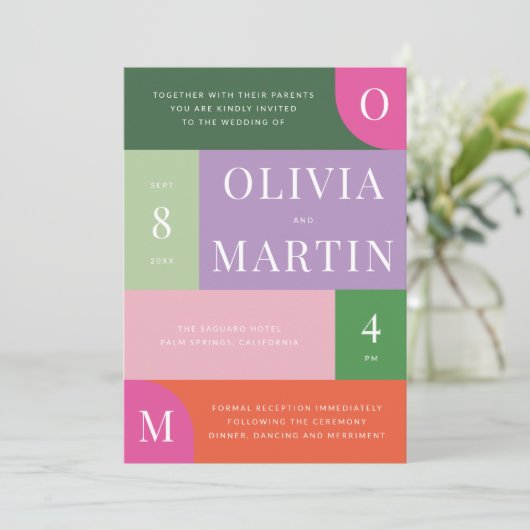 明カラフルるいはっきりしたとオレンジとピ結婚ンク 招待状 (スタンド正面)