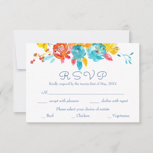 明カラフルるい水の色のフローラ結婚 出欠カード (正面)