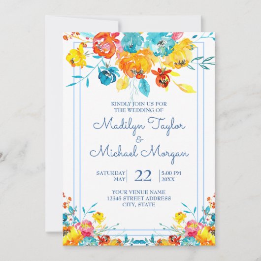 明カラフルるい水の色のフローラ結婚 招待状 (正面)