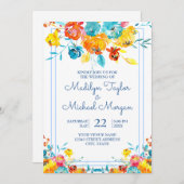 明カラフルるい水の色のフローラ結婚 招待状 (正面/裏面)