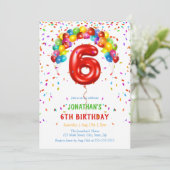 明カラフルるい紙吹雪バルーン6誕生日 招待状 (スタンド正面)