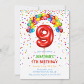 明カラフルるい紙吹雪バルーン9誕生日 招待状 (正面)