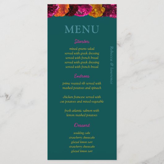 明スタイリッシュるい緑の黄色のピンクのフローラ結婚 メニュー (正面)