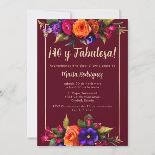 明スペインのるいエレガント花模様赤40歳の誕生日 招待状 (正面)