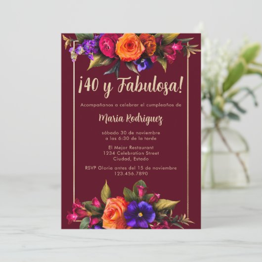明スペインのるいエレガント花模様赤40歳の誕生日 招待状 (スタンド正面)