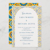 明トリップ(幻覚体験)のようなるい青と黄色のイタリアンタイル結婚の 招待状 (正面/裏面)