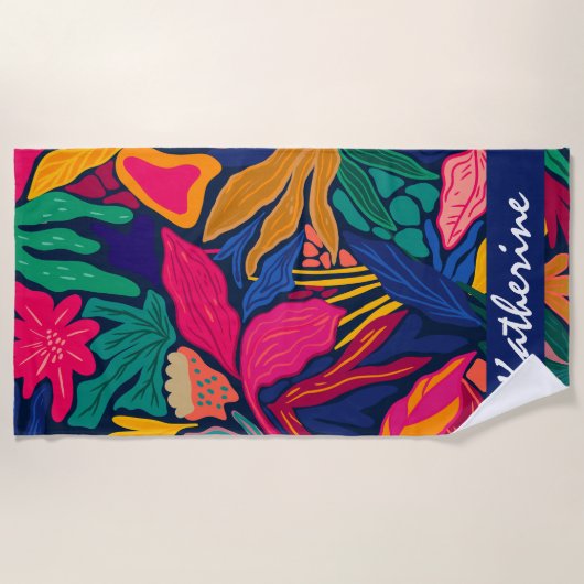 明パーソナライズされたるい熱帯カラフルフローラ ビーチタオル (正面)