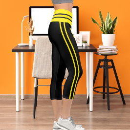 明パーソナライズされたるい黄色の黒ストライプい猫 カプリレギンス