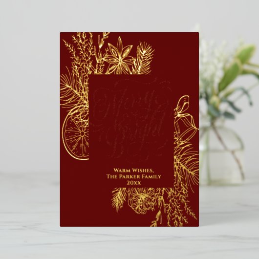 明メリーるいエレガント柑橘類の松の枝金ゴールド 箔シーズンカード (立ち正面)