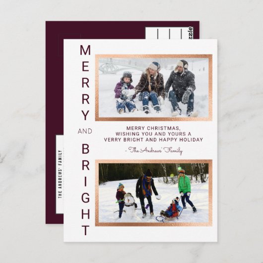 明メリーるいシンプルBurgundy写真クリスマス ポストカード (正面/裏面)