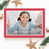 明メリーるいストライプピンクの赤いフレームのクリスマス写真 シーズンカード