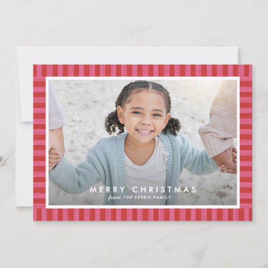 明メリーるいストライプピンクの赤いフレームのクリスマス写真 シーズンカード (正面)