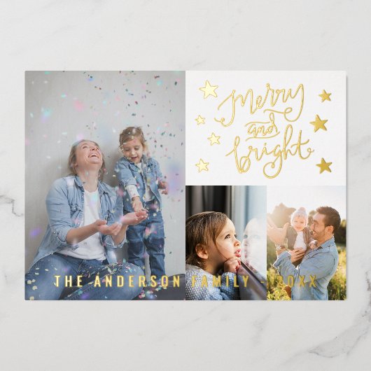 明メリーるい白4パーソナライズされた枚の写真金ゴールド 箔シーズンカード (正面)