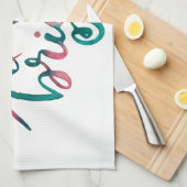 明メリーるい – 緑とピンク キッチンタオル (四つ折り)