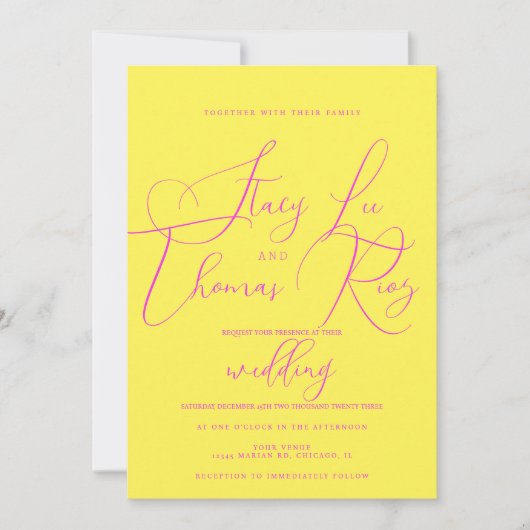 明モダンはっきりしたるいピンクの黄色の結婚文字 招待状 (正面)