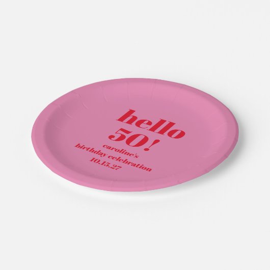 明モダンはっきりしたるいピンク赤50誕生日カスタム ペーパープレート (アングル)