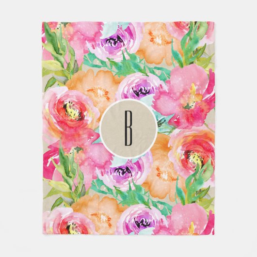 明モダンるいカラフルフローラ水カラークラフト フリースブランケット (正面)