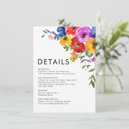 明モダンるいカラフル花の結婚詳細 エンクロージャーカード (スタンド正面)