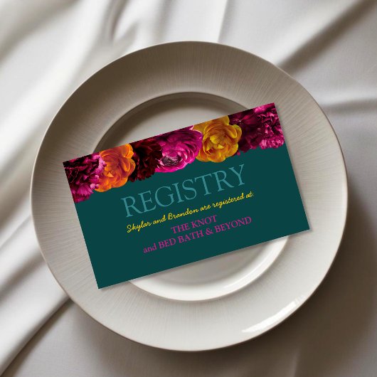 明モダンるいピンクの緑のフローラ結婚レジストリ エンクロージャーカード