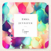 明モダンるい抽象芸術ピンク絵を描パターン スクエアペーパーコースター (正面)