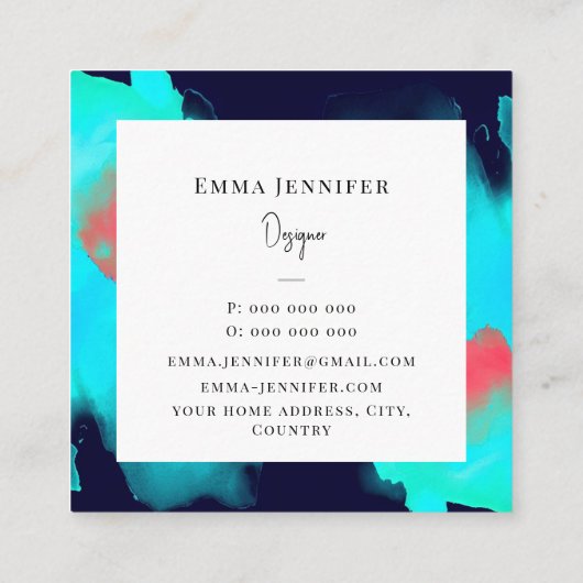 明モダンるい抽象芸術ブルー色彩の鮮やかパターン スクエア名刺 (裏面)