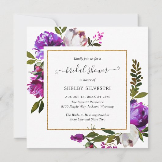 明モダンるい紫のフローラエレガントブライダルシャワー 招待状 (正面)