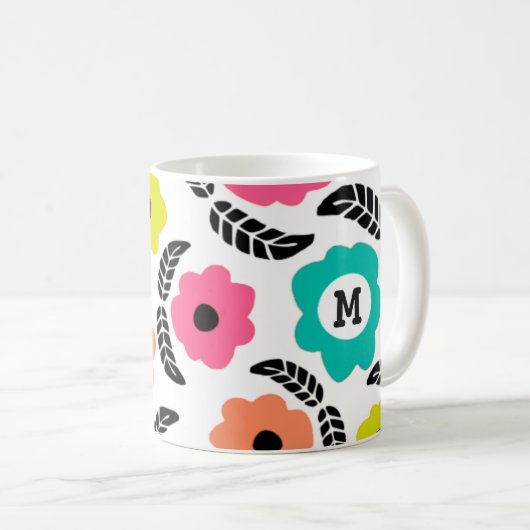 明モダンるい花と黒葉モノグラム コーヒーマグカップ (正面右)