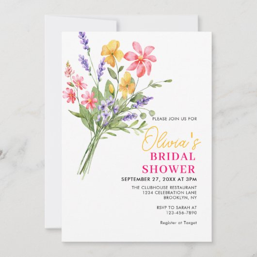明モダンるい野はっきりした花ブライダルシャワー 招待状 (正面)