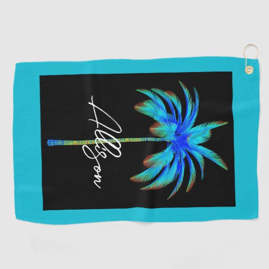 明モダンるい青の熱帯パームツリースクリプト名 ゴルフタオル (横)