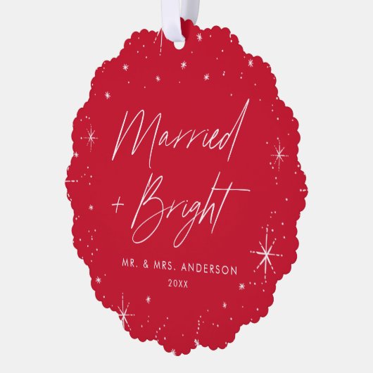 明モダン結婚したるい赤の休日の写真 オーナメントカード (左)