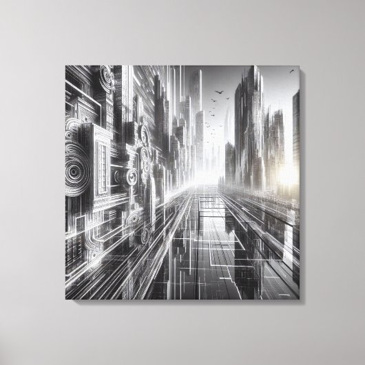 明日の塔:白黒の都 キャンバスプリント (正面)