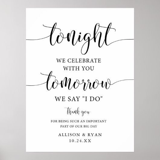 明日の結婚式リハーサルディナー看板「明日私たちは愛を誓う」 ポスター (正面)