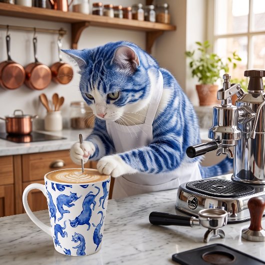 明朝スタイルの青い浮遊猫ラテマグ カフェラテマグ