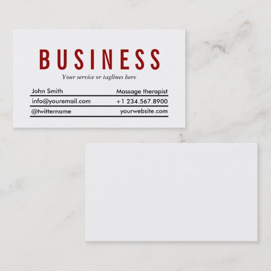 明白で赤いタイトルのマッサージセラピストの名刺 名刺 (正面/裏面)