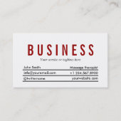 明白で赤いタイトルのマッサージセラピストの名刺 名刺 (正面)