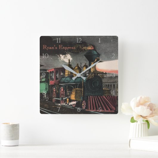 明白なヴィンテージのロコモーティブ夜-カスタムな列車 スクエア壁時計 (ホーム)