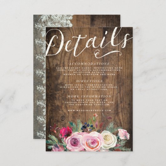 明細カード|の素朴な木製の花のレースの結婚式 エンクロージャーカード (正面/裏面)