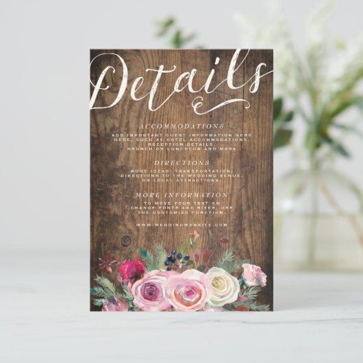 明細カード|の素朴な木製の花のレースの結婚式 エンクロージャーカード (スタンド正面)