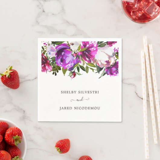 明鮮やかはっきりした紫フローラモダン結婚ズ スタンダードカクテルナプキン (インサイチュ)