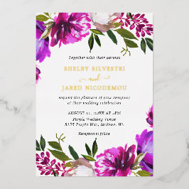 明鮮やかはっきりした紫フローラ結婚金ゴールド 箔招待状