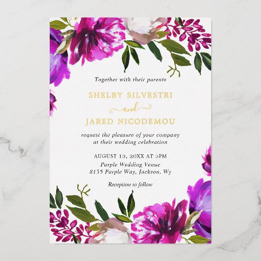 明鮮やかはっきりした紫フローラ結婚金ゴールド 箔招待状 (正面)