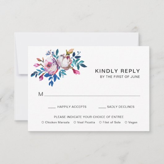 明鮮やかるいティール（緑がかった色）モダン結婚フローラ 出欠カード (正面)