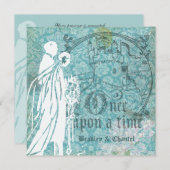 昔々招待を結婚するかわいらしく青い花柄 招待状 (正面/裏面)