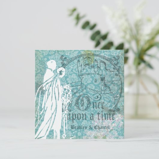 昔々招待を結婚するかわいらしく青い花柄 招待状 (スタンド正面)