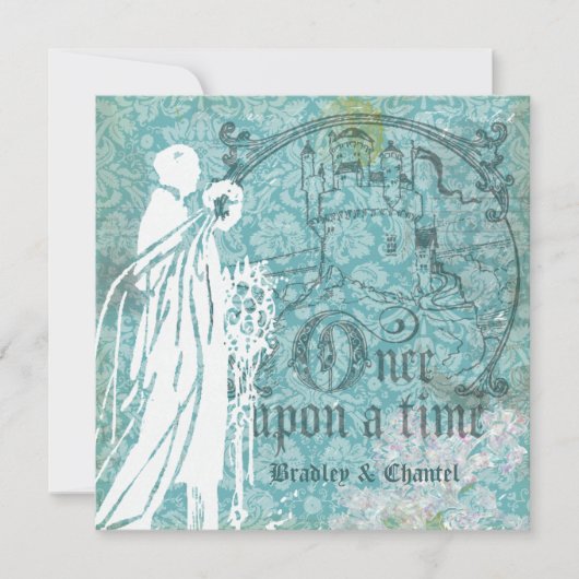 昔々招待を結婚するかわいらしく青い花柄 招待状 (正面)